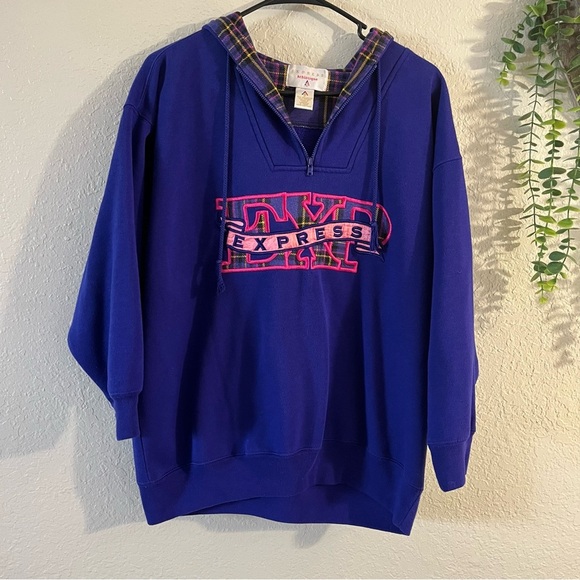 Vintage 90’s Express Athletique Purple and Plaid Embroidered Hoodie Size Small - Picture 4 of 11